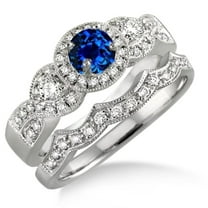 Art Deco 2.25 Carat Round Shape Blue Sapphire And Moissanite Diamond Engagement Ring Halo Bridal Set on 10k White Gold