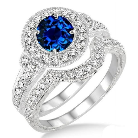 Art Deco 2.25 Carat Round Shape Blue Sapphire Antique Halo Bridal Set Moissanite Diamond Engagement Ring on 10k White Gold