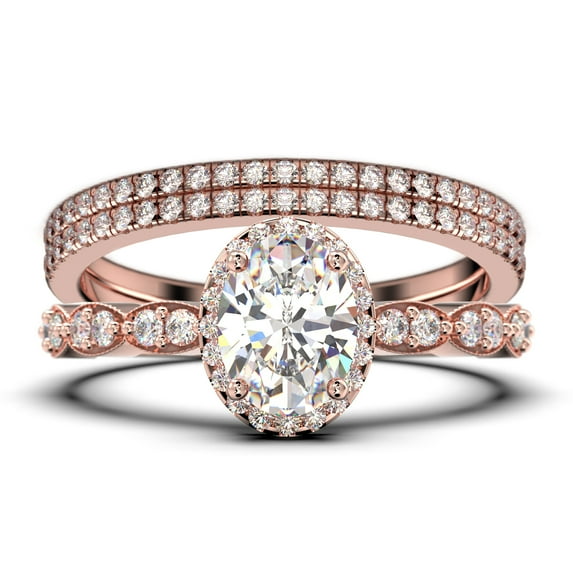 Art Deco 2.75 Carat Oval Cut Diamond Moissanite Classic Engagement Ring, Halo Wedding Ring in 10k Solid Rose Gold, Gift For Her, Wife Gift, Anniversary Ring, Trio Set, Matching Band