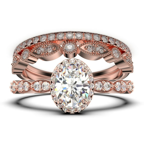 Art Deco 2.75 Carat Oval Cut Diamond Moissanite Classic Engagement Ring, Halo Wedding Ring in 10k Solid Rose Gold, Gift For Her, Wife Gift, Anniversary Ring, Trio Set, Matching Band