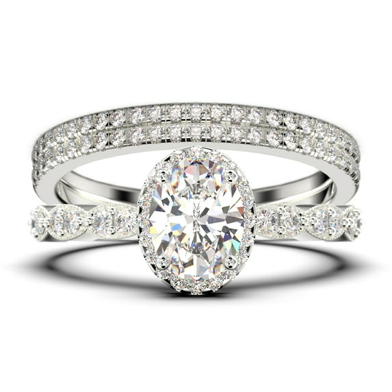 Art Deco 2.75 Carat Oval Cut Diamond Moissanite Classic Engagement Ring, Halo Wedding Ring in 10k Solid White Gold, Gift For Her, Wife Gift, Anniversary Ring, Trio Set, Matching Band