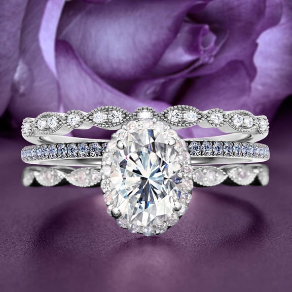 Halo 2.75 Carat Oval Cut Moissanite & Diamond Bridal Set in 925 Sterling Silver with 18k White Gold Plating