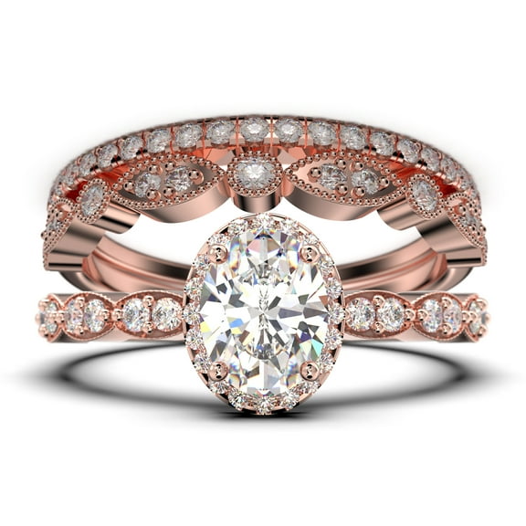Art Deco 2.75 Carat Oval Cut Diamond Moissanite Classic Engagement Ring, Halo Wedding Ring in 925 Sterling Silver With 18k Rose Gold Plating Gift For Her, Trio Set, Matching Band