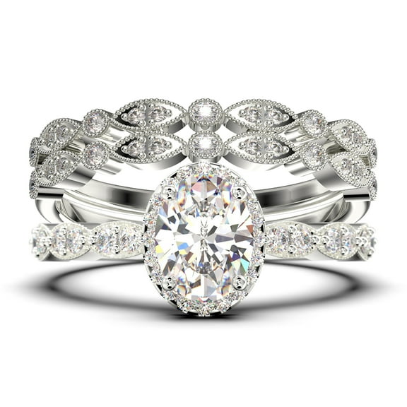 Art Deco 2.75 Carat Oval Cut Diamond Moissanite Classic Engagement Ring, Halo Wedding Ring in 925 Sterling Silver With 18k White Gold Plating Gift For Her, Trio Set, Matching Band