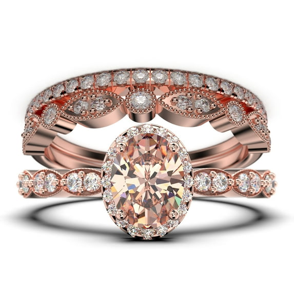 Art Deco 2.75 Carat Oval Cut Morganite And Diamond Moissanite Classic Engagement Ring, Halo Wedding Ring In 925 Sterling Silver With 18K Rose Gold Plating Gift For Her, Trio Set, Matching Band