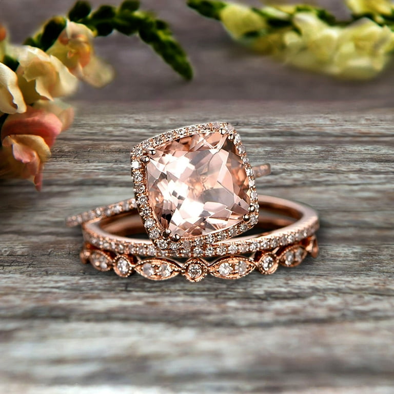 Art Deco Carat Cushion Cut Morganite Wedding Ring Set On 10k