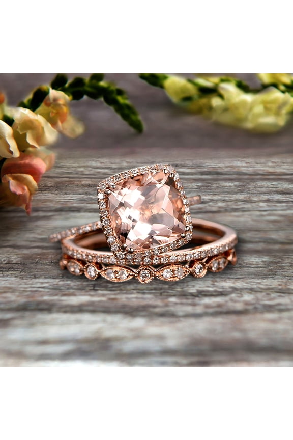 Art Deco 2 Carat Cushion Cut Morganite Wedding Ring Set On 10k Rose Gold Engagement Ring Matching Wedding Band Imaginative Gift