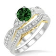 thumbnail image 1 of Art Deco 2 Carat Green Emerald 6mm Round Cut Two Stone Bridal Set Moissanite Diamond On 10k White Gold, 1 of 3