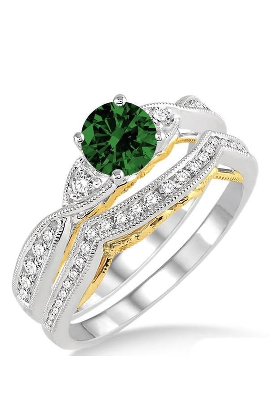 Art Deco 2 Carat Green Emerald 6mm Round Cut Two Stone Bridal Set Moissanite Diamond On 10k White Gold