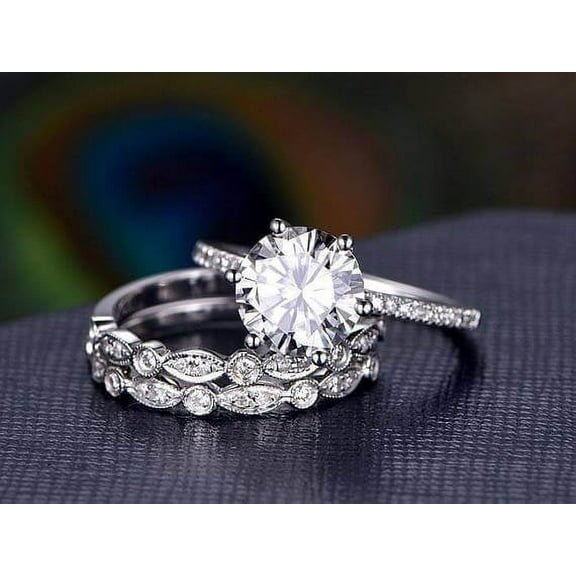 Art Deco 2 Carat Moissanite Diamond Trio Wedding Set With 18K White Gold Plating, Promise Ring, Anniversary Ring