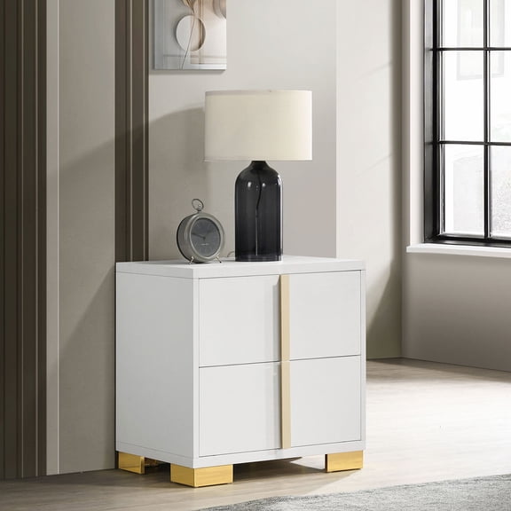 Art Deco 2 Drawer Nightstand with Gold Hardware, Small Bedside Table for Living Room, White Engineered Wood Nightstand 21.75L x 16.25W x 22.25H