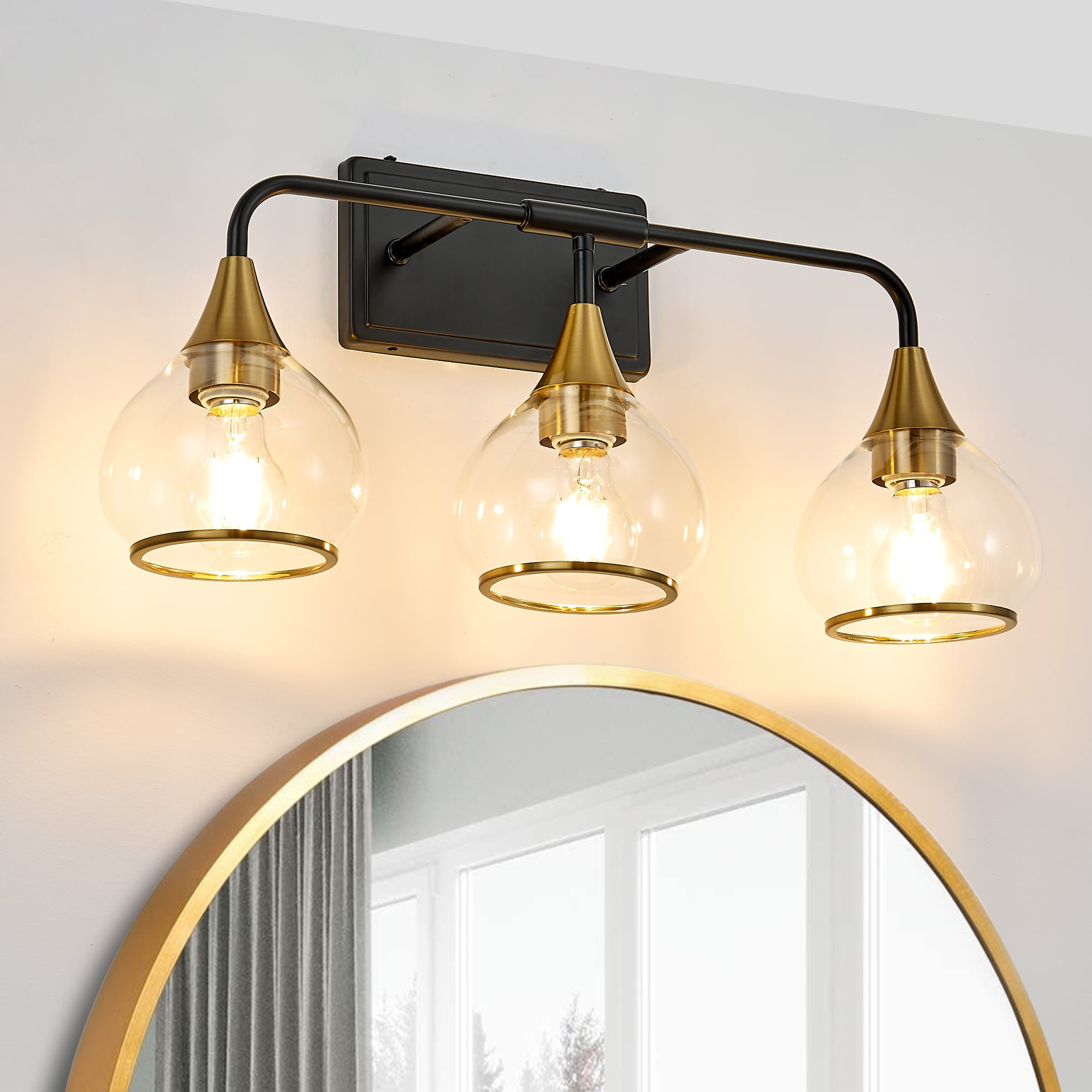 Art Deco 3-Light Vanity Light Fixture,  Bathroom Wall Sconce with Clear Glass Shades, Black and Gold, 23 Inch Modern