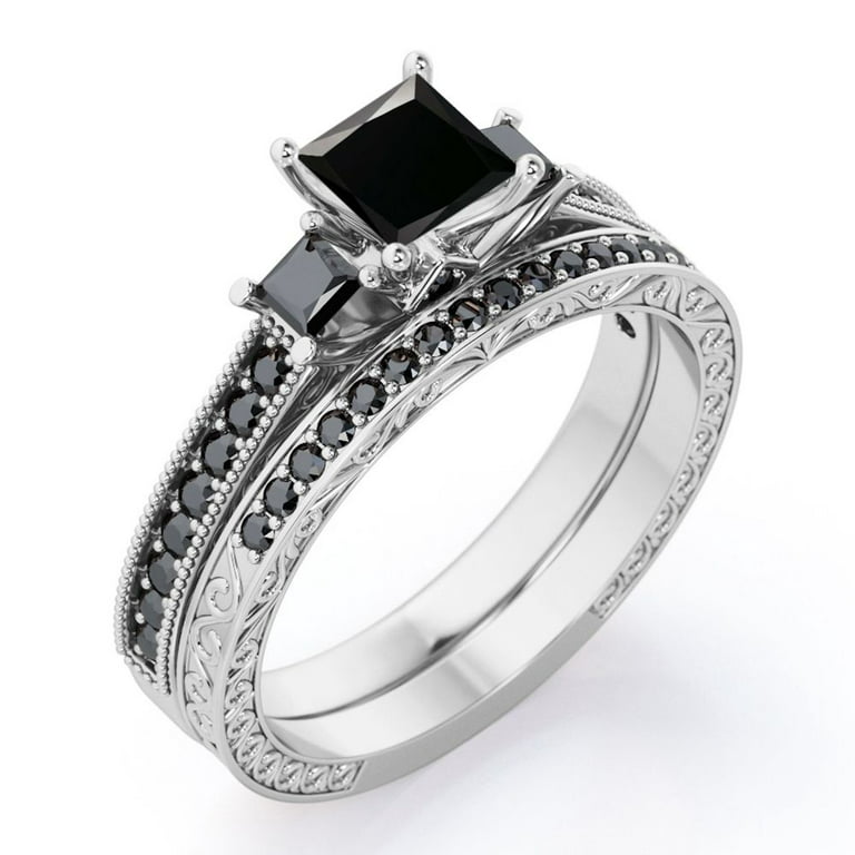 One Carat Princess Cut Lab Diamond Bridal Set With Black Diamond Accents