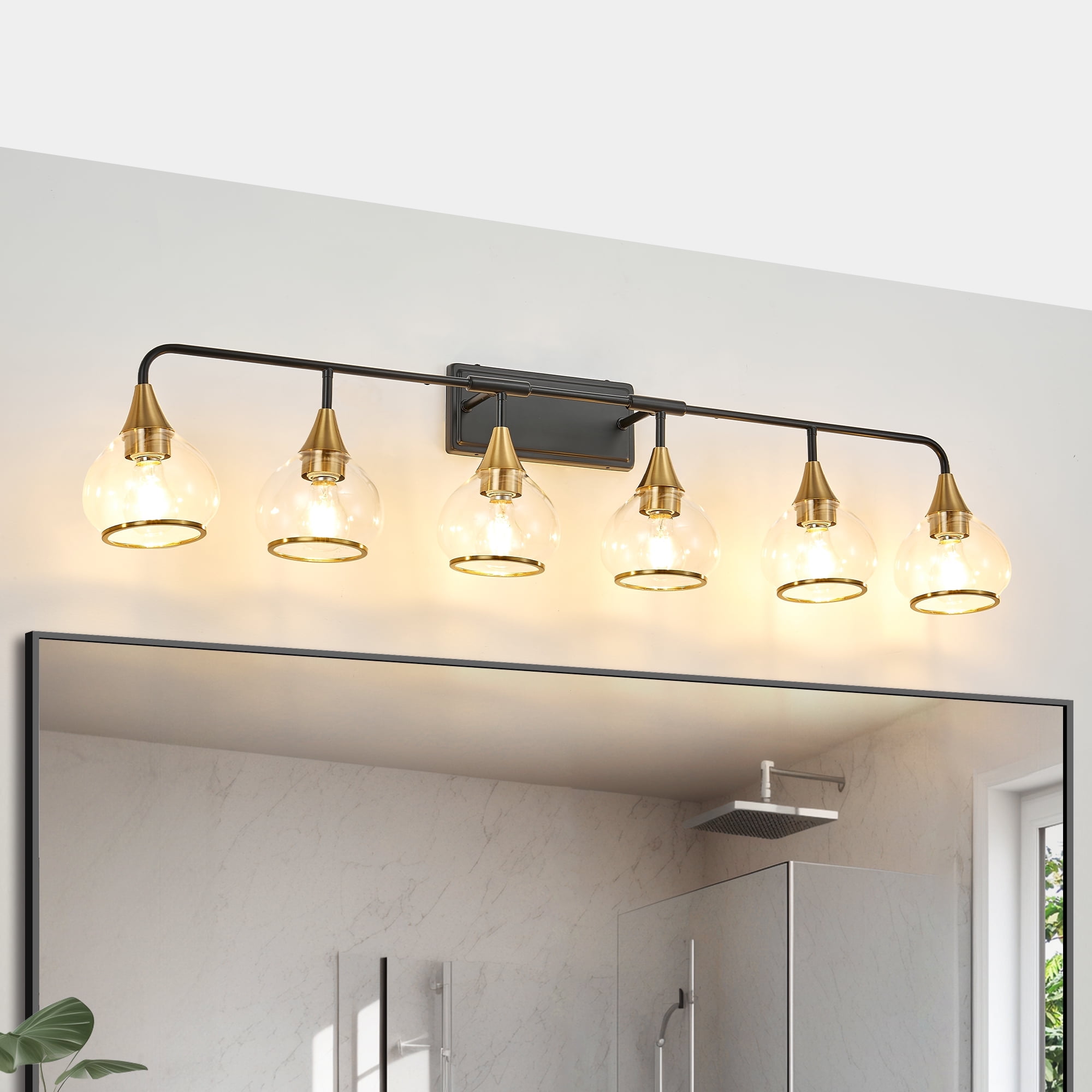 Art Deco 6-Light Vanity Light Fixture,  Bathroom Fixture with Clear Glass Shades, Black and Gold, 48 Inch Modern