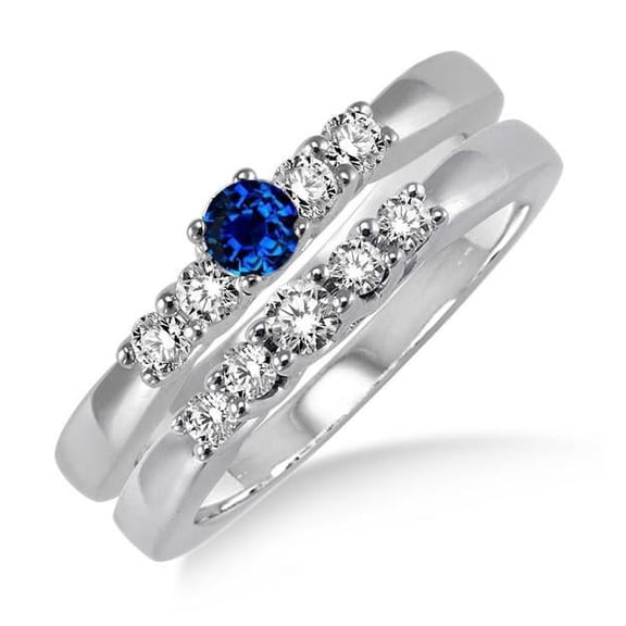 Art Deco 6mm Round Cut 2 Carat Blue Sapphire And Moissanite Diamond Engagement Ring Elegant 5 stone Bridal Set on 10k White Gold