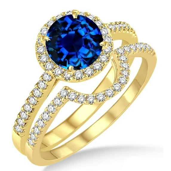 Art Deco 6mm Round Cut 2 Carat Blue Sapphire And Moissanite Diamond Halo Bridal Set Engagement Ring On 10K Yellow Gold