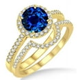 thumbnail image 1 of Art Deco 6mm Round Cut 2 Carat Blue Sapphire And Moissanite Diamond Halo Bridal Set Engagement Ring on 10k Yellow Gold, 1 of 2
