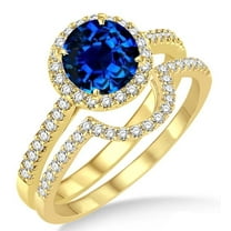 Art Deco 6mm Round Cut 2 Carat Blue Sapphire And Moissanite Diamond Halo Bridal Set Engagement Ring on 10k Yellow Gold