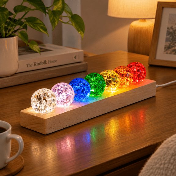 Art Deco 7-Color 40mm Crystal Chakra Ball Night Light with Wooden Base