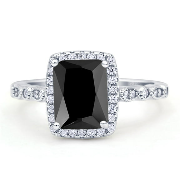 Art Deco Accent Halo Radiant Women Engagement Ring Simulated Black 925 Sterling Silver