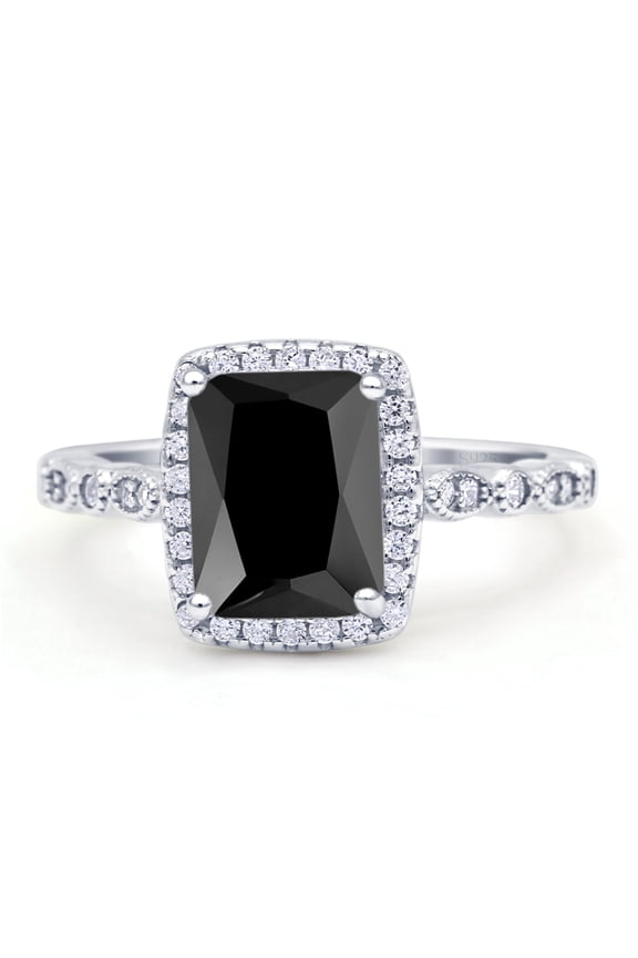 Art Deco Accent Halo Radiant Women Engagement Ring Simulated Black 925 Sterling Silver