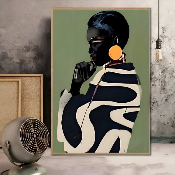 Art Deco African Female Portrait Poster Minimalist Black White Green Wall Art for Living Room Bedroom Office Fashion Inspired Home Decor, UNFRAMED 8x12