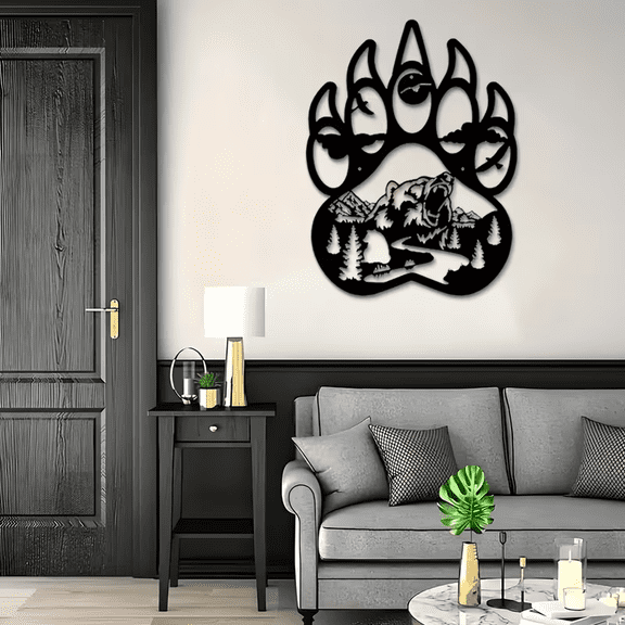 Art Deco Bear Paw Metal Wall Art with Mountain and Tree Silhouette
