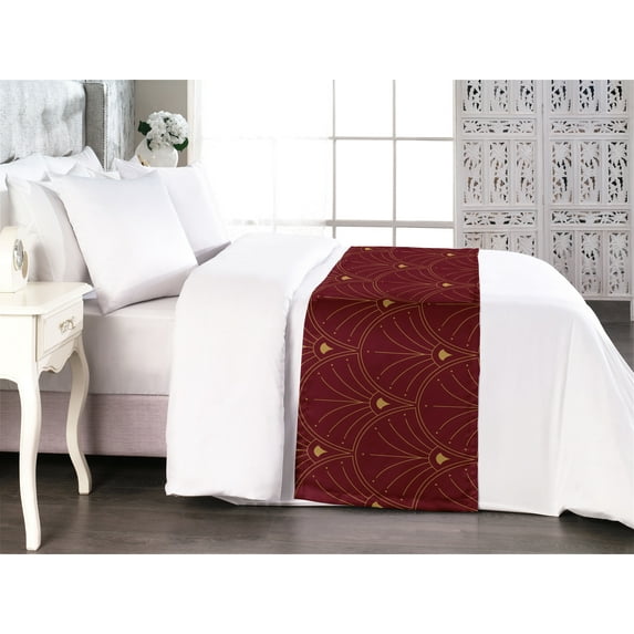 Art Deco Bed Runner, Classic Semi Circle Fan Like Motif Ornaments Geometric Vintage Scales, Decorative Accent Bedding Scarf for Hotels Homes & Guest Rooms, King, Burgundy and Sand Brown, by Ambesonne
