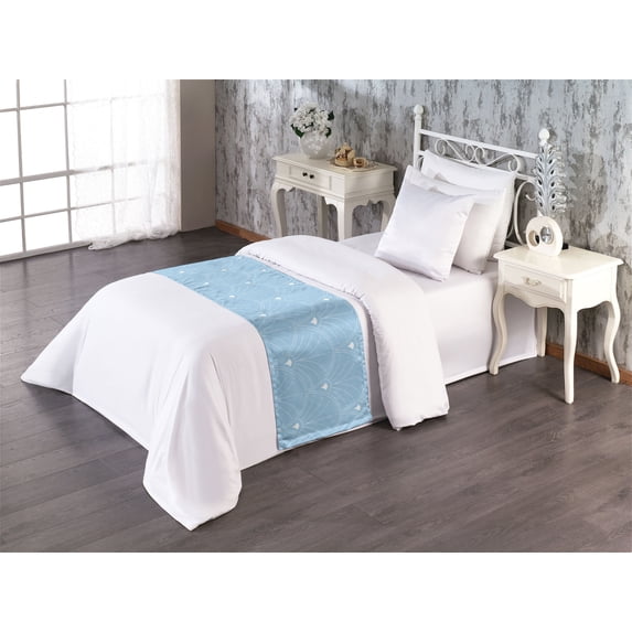 Art Deco Bed Runner, Classic Semi Circle Fan Like Motif Ornaments Geometric Vintage Scales, Decorative Accent Bedding Scarf for Hotels Homes & Guest Rooms, Twin, Pale Blue and White, by Ambesonne