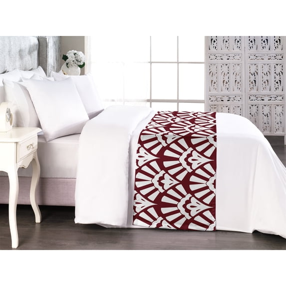 Art Deco Bed Runner, Lady's Hand Fan Inspired Motif Abstract Style of Vintage Pattern Artwork, Decorative Accent Bedding Scarf for Hotels Homes & Guest Rooms, Queen, Maroon and White, by Ambesonne