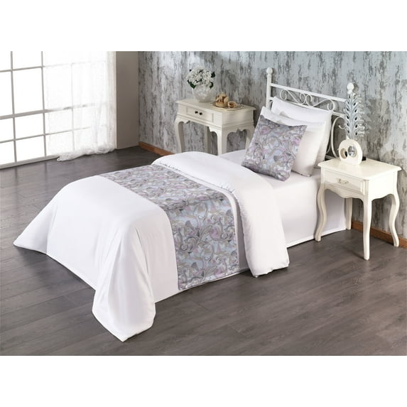 Art Deco Bed Runner Set, Curlicue Vintage Boho Ornaments on Pastel Colored Jumble Watercolor Backdrop, Decorative Bedding Scarf & a Pillow Sham for Hotels Homes, Twin, Warm Taupe Lilac, by Ambesonne