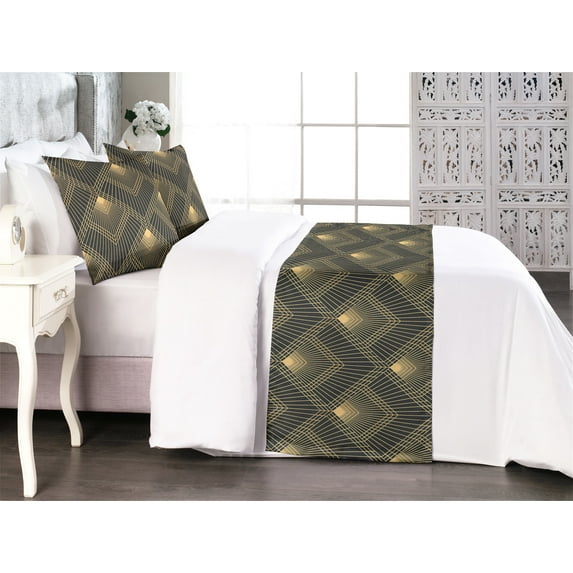 Art Deco Bed Runner Set, Geometric Retro Striped Square Scale Pattern Nostalgic Rhombus Shapes, Decorative Bedding Scarf & 2 Pillow Shams for Hotels Homes, Queen, Dark Grey and Mustard, by Ambesonne