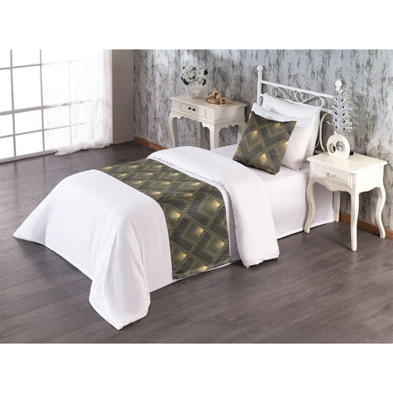 Art Deco Bed Runner Set, Geometric Retro Striped Square Scale Pattern Nostalgic Rhombus Shapes, Decorative Bedding Scarf & a Pillow Sham for Hotels Homes, Twin, Dark Grey and Mustard, by Ambesonne