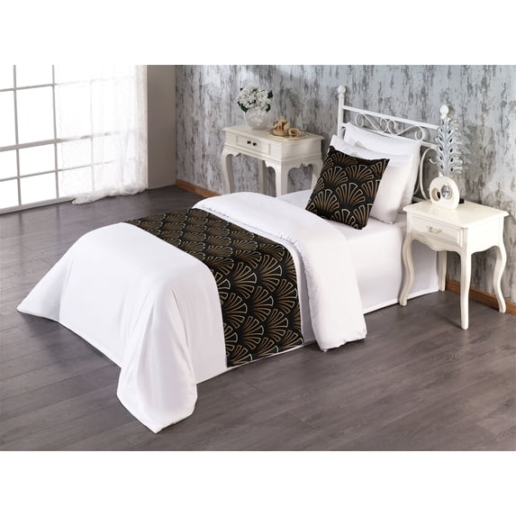 Art Deco Bed Runner Set, Shell Shapes Nostalgic Waves Geometric Style of Retro Repetitive Pattern, Decorative Bedding Scarf & a Pillow Sham for Hotels Homes, Twin, Brown Black and Ecru, by Ambesonne