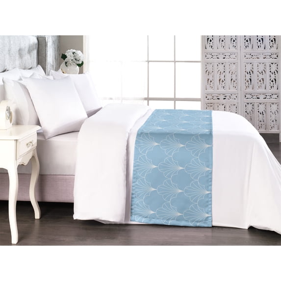 Art Deco Bed Runner, Shell Look Simplistic Pattern with Vintage and Classical Style Motif, Decorative Accent Bedding Scarf for Hotels Homes & Guest Rooms, Queen, Pale Blue and White, by Ambesonne