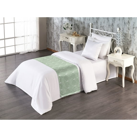 Art Deco Bed Runner, Shell Look Simplistic Pattern with Vintage and Classical Style Motif, Decorative Accent Bedding Scarf for Hotels Homes & Guest Rooms, Twin, Pale Green and White, by Ambesonne