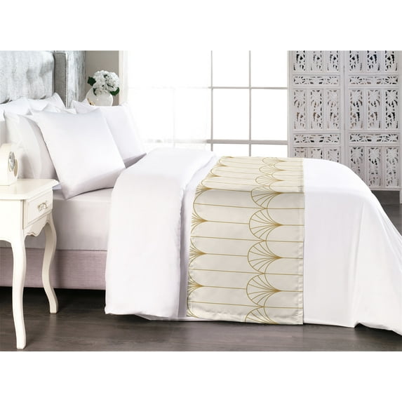 Art Deco Bed Runner, Simple Lines Lattice Art Nouveau Style Vintage Grid Abstract Motif, Decorative Accent Bedding Scarf for Hotels Homes & Guest Rooms, King, Eggshell and Sand Brown, by Ambesonne