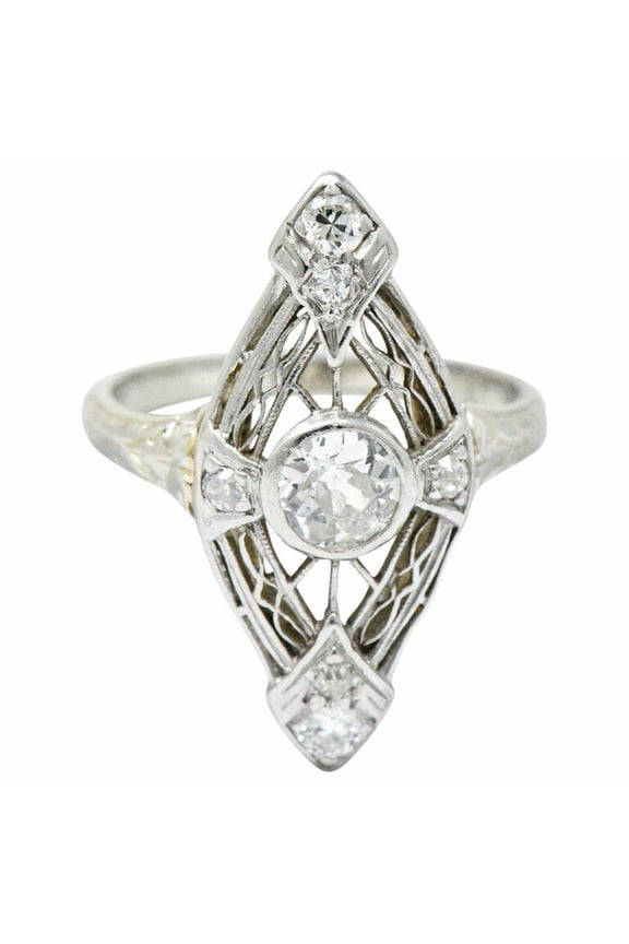 Art Deco Bezel Set Diamond Engagement Ring, Openwork Filigree Diamond Ring, Navette Shape Statement Diamond Ring, Engraved Shank Ring, 1.7 Ct Simulated Diamond, 925 Sterling Silver, Ring For Her