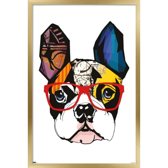 Art Deco - Boston Terrier with Glasses Wall Poster, 14.725" x 22.375", Framed
