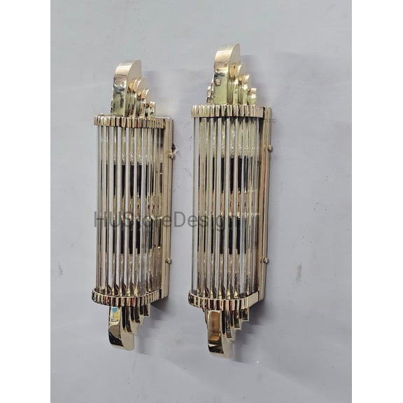 Art Deco Brass Wall Sconce | Vintage Glass Light | 20" Tall Polished Brass Wall Lamp | Luxury Modern Classic Lighting | Set of 2