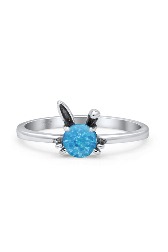 Art Deco Bunny Rabbit Round Lab-Created Blue Opal Ring Band 925 Sterling Silver Size 6