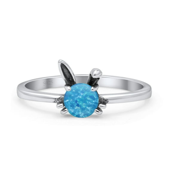 Art Deco Bunny Rabbit Round Lab-Created Blue Opal Ring Band 925 Sterling Silver Size 9