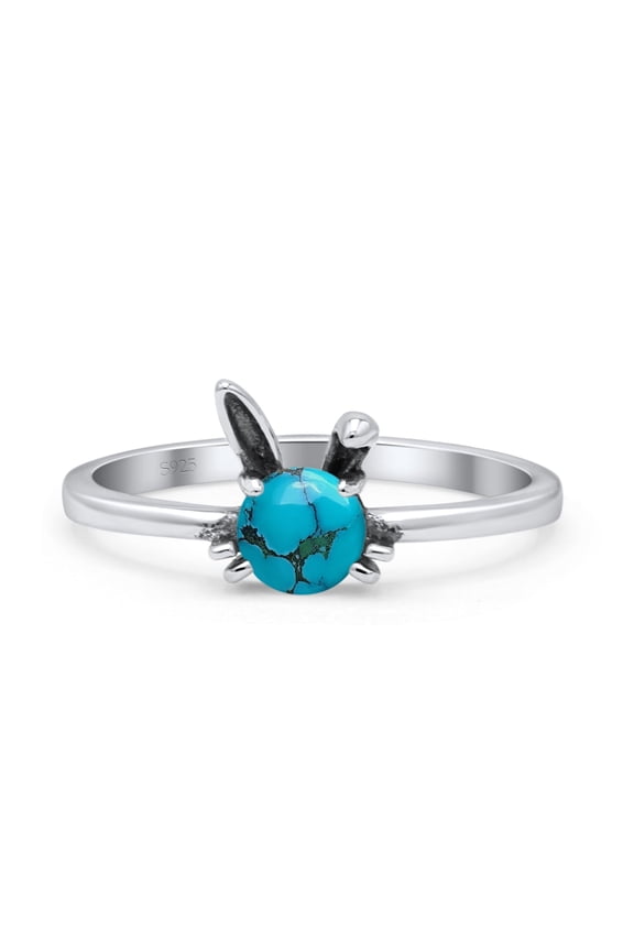 Art Deco Bunny Rabbit Round Oxidized Turquoise Ring Band 925 Sterling Silver Size 10