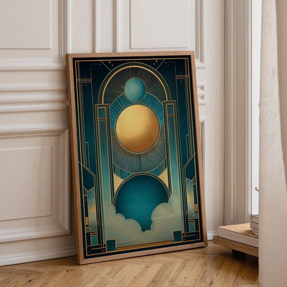Art Deco Celestial Gold Teal Planet Mystic Space Poster Unframed Paper Print