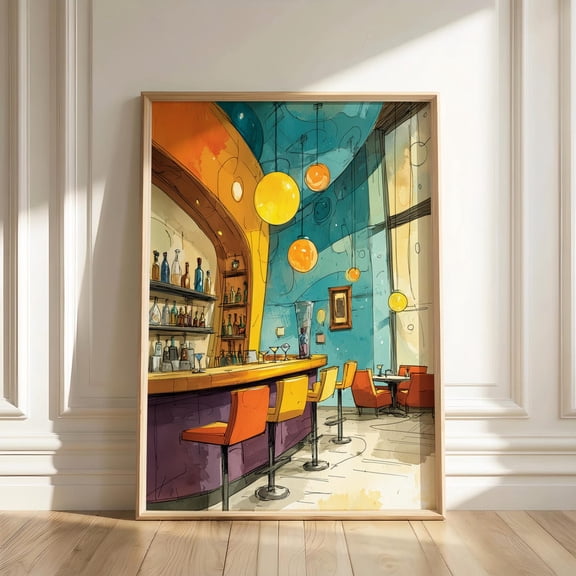 Art Deco Cocktail Bar Vibrant Lounge Wall Decor Modern Retro Interior Colorful Kitchen Art, Unframed Poster
