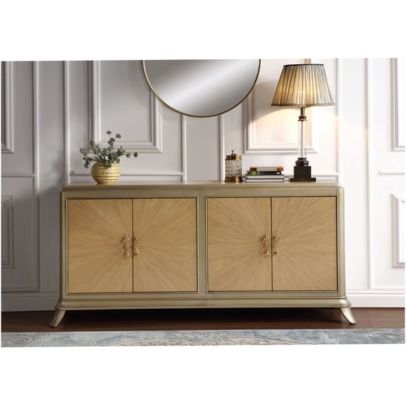 Art Deco Console Cabinet with Oak Sunburst Doors and Champagne Finish for Entryway Storage