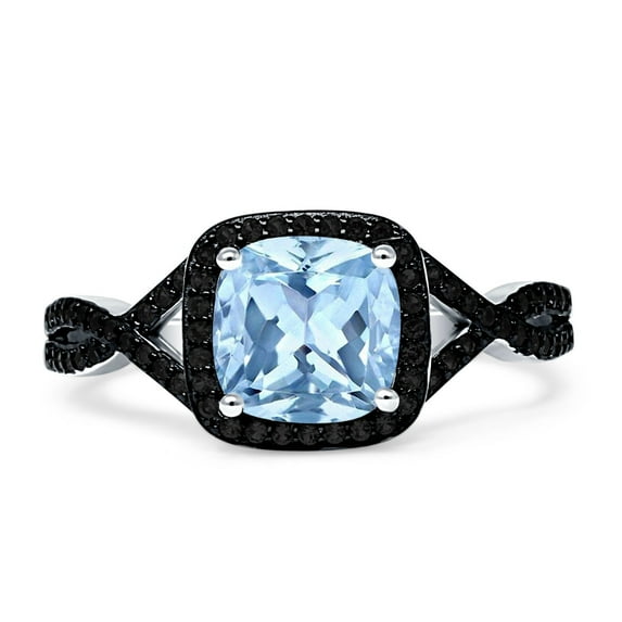 Art Deco Cushion Cut Infinity Twist Ring Aquamarine Cubic Zirconia Black Tone 925 Sterling Silver, Size 9