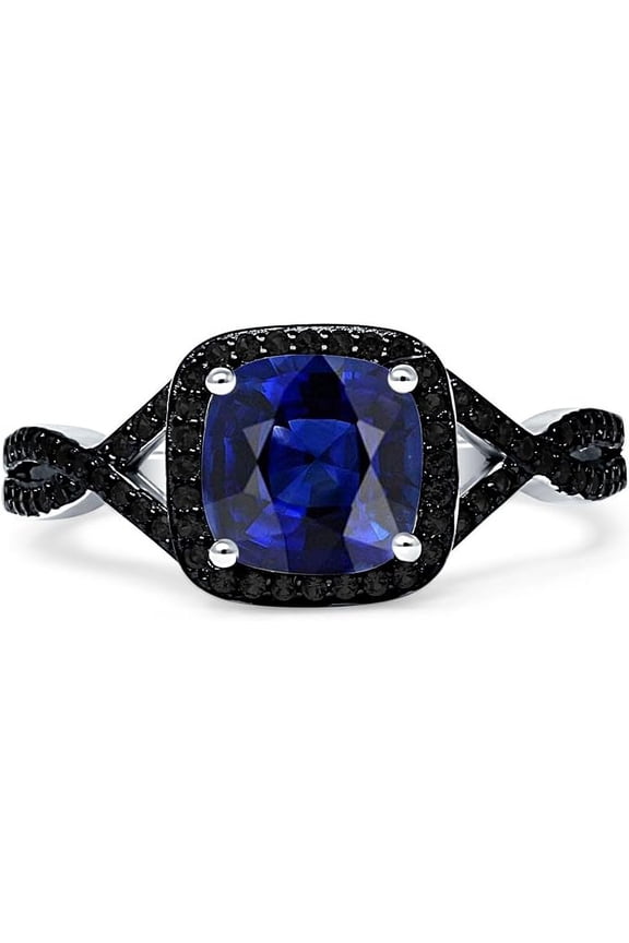 Art Deco Cushion Cut Infinity Twist Ring Blue Sapphire Cubic Zirconia Black Tone 925 Sterling Silver, Size 5