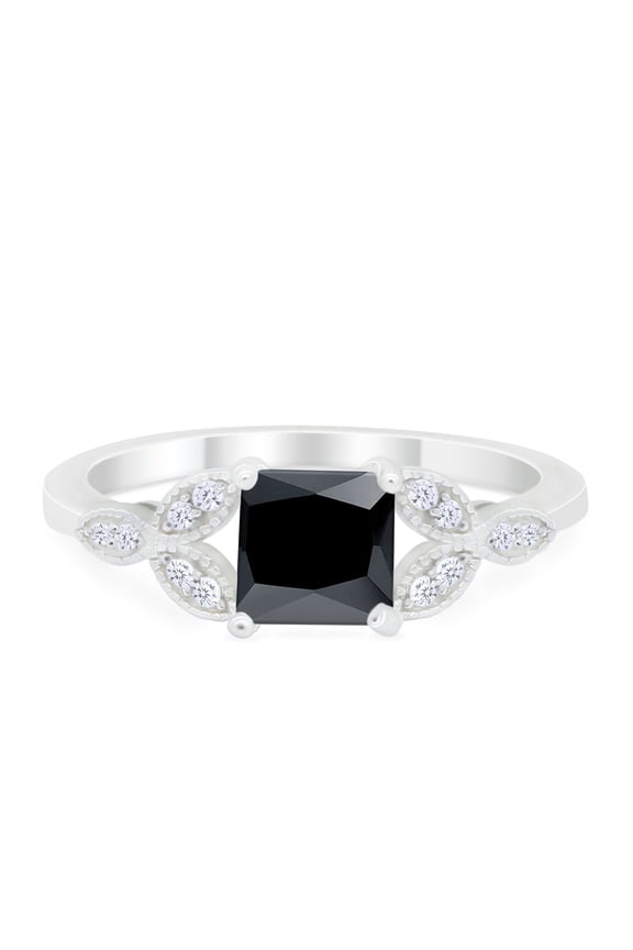 Art Deco Design Ring Princess Cut Black CZ 925 Sterling Silver Size 8