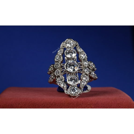 Art Deco Diamond Engagement Ring, Vintage Milgrain Ring, Vertical Three Stone Diamond Ring, Antique Dinner Ring, 2.4 Ct Simulated Diamond, 925 Sterling Silver, Anniversary Gifts For Her